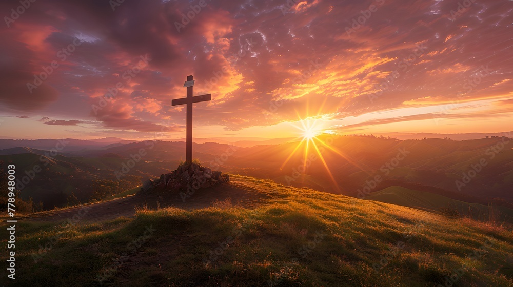 Cross standing on hill against stunning sunset backdrop Cross standing on hill against stunning sunset backdrop