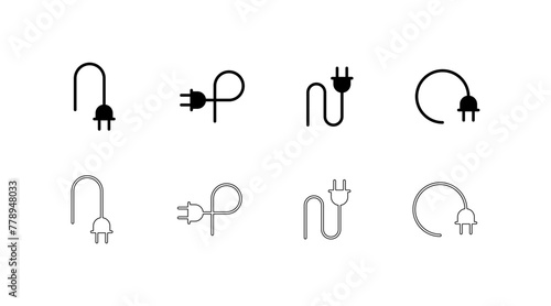 Plug cord icons set. Silhouette and linear style. Vector icons
