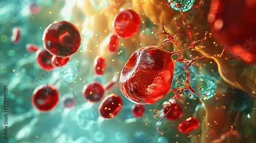 Dynamic and vibrant depiction of red blood cells flowing through a blood vessel, showcasing a medical and biological concept.