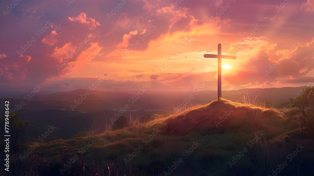 Cross standing atop hill, illuminated by setting sun's warm glow Cross standing atop hill, illuminated by setting sun's warm glow