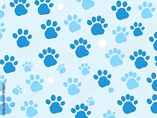Sky Blue paw prints on a background, minimalist backdrop pattern with copy space for design or photo, animal pet cute surface 