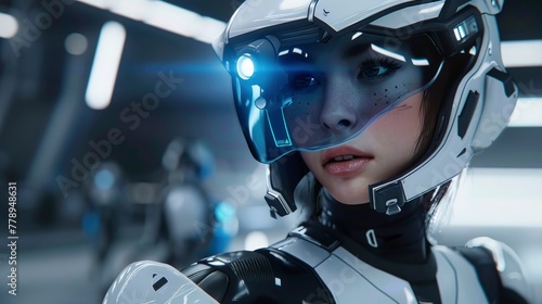 unreal engine, beautiful woman wearing white and black futuristic armor with blue visor helmet, cinematic lighting