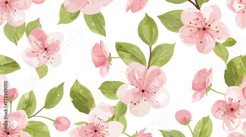 Seamless pattern of pink cherry flowers and green l