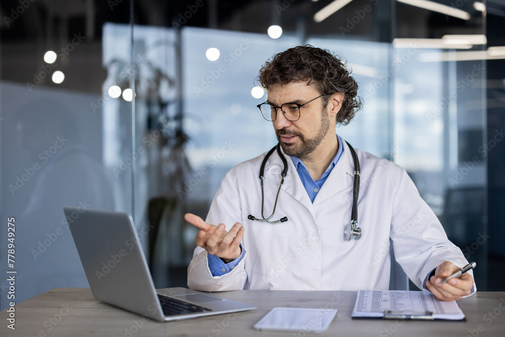 Healthcare professional in white lab coat engaged in a telehealth call, providing remote consultation using digital devices in a modern clinic setting. Healthcare professional in white lab coat engaged in a telehealth call, providing remote consultation using digital devices in a modern clinic setting.