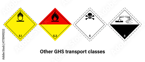 Other GHS transport classes warning sign vector. Globally Harmonized System of Classification and Labelling of Chemicals. Oxidizing substances, Organic peroxides, Toxic substances and Corrosive substa
