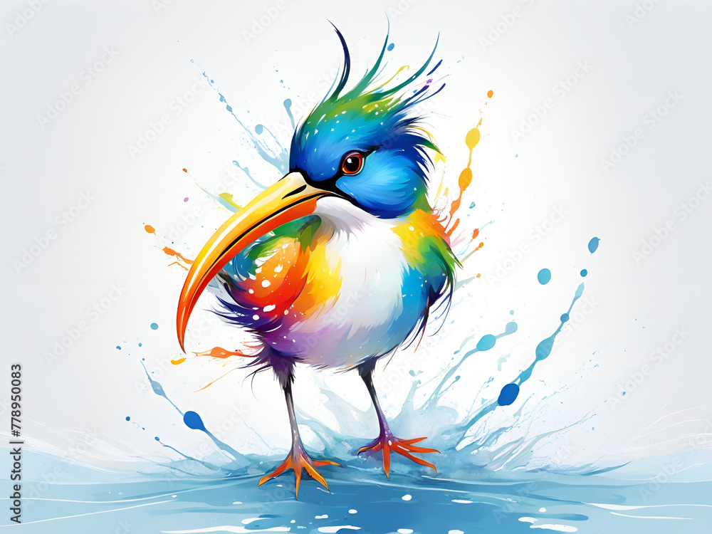 Fototapeta premium A bird composed of colored particles and lines, bird of paradise posing in various postures in colorful water, and an abstract painting composed of colored line backgrounds