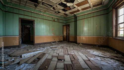 interior of a large creepy room of a damaged abandoned hotel. URBEX concept and exploration