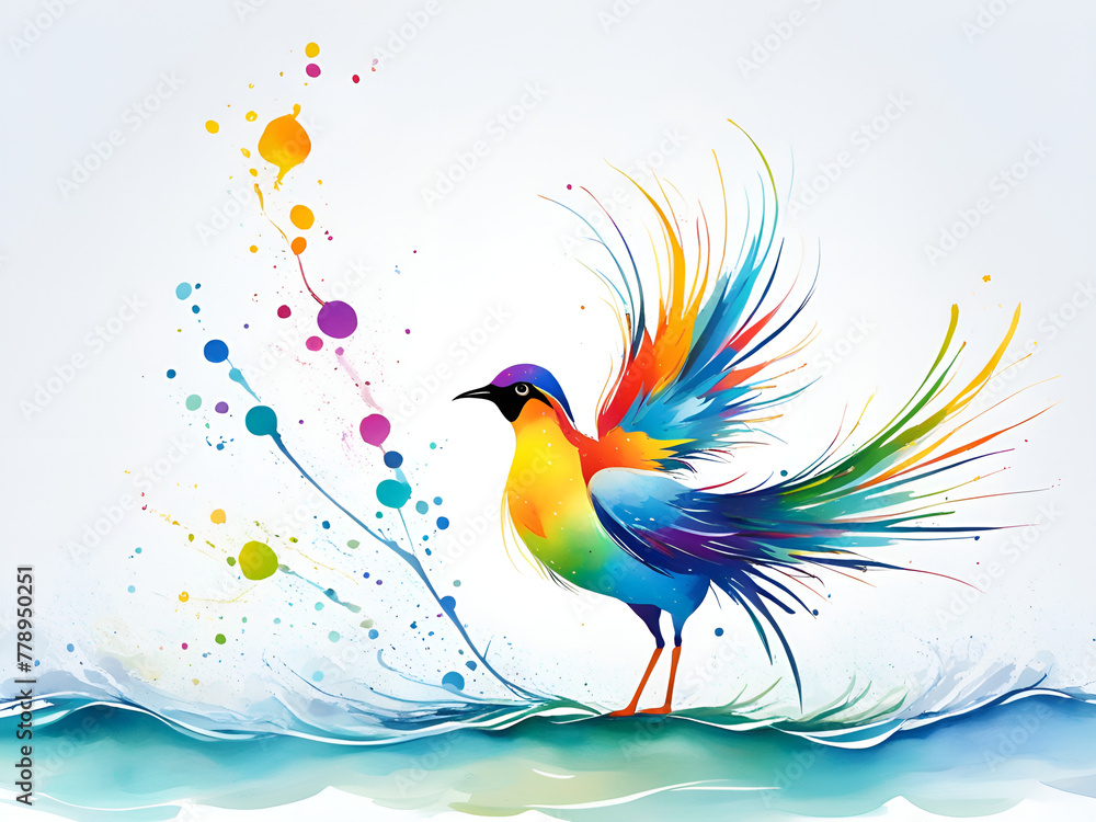 Fototapeta premium A bird composed of colored particles and lines, bird of paradise posing in various postures in colorful water, and an abstract painting composed of colored line backgrounds