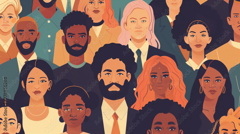 An illustration presents a collage of individuals from various backgrounds and ethnicities, portrayed in a modern, stylized manner.