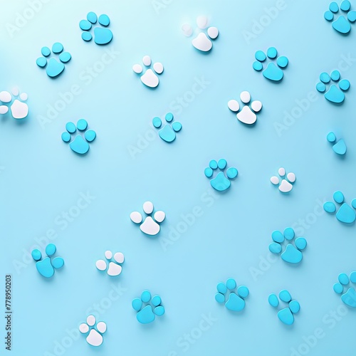 Sky Blue paw prints on a background, minimalist backdrop pattern with copy space for design or photo, animal pet cute surface 