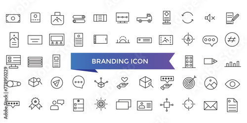 Branding icon collection. Related to marketing, product, brand value, design, logo, brand development, social media, advertising and loyal customers icons set.