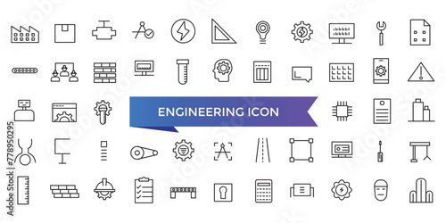 Engineering icon collection. Related to blueprint, engineer, tools, construction, mechanical, industrial, worker, engine icons. Line icon set.