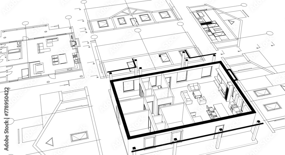 house project architectural sketch 3d - obrazy, fototapety, plakaty 
