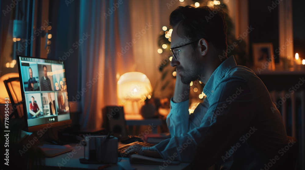 A man sitting at his desk, talking to several people on the screen of an online video conference call A man sitting at his desk, talking to several people on the screen of an online video conference call