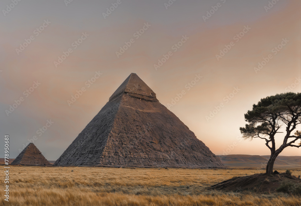 A large, pointed pyramid sits in a field with a single tree to its right. The sky is a mix of pink and grey. A large, pointed pyramid sits in a field with a single tree to its right. The sky is a mix of pink and grey.