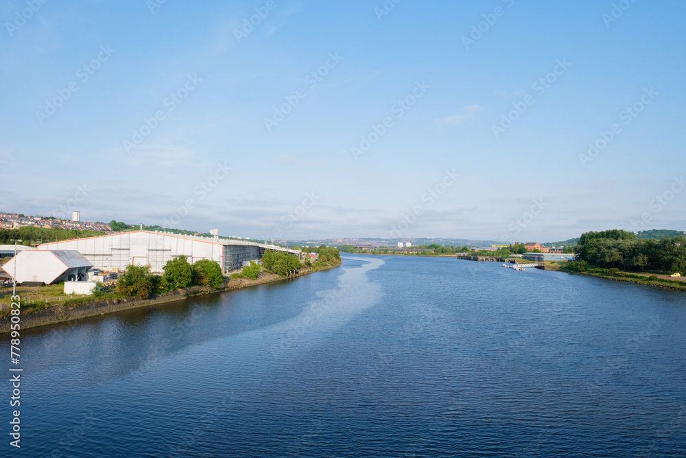 Scotswood Blaydon UK: 9th June 2023: View of the River Tyne and Vickers from Scotswood Bridge on sunny day