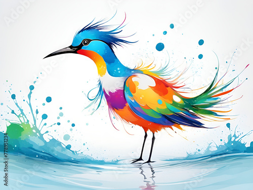A bird composed of colored particles and lines, bird of paradise posing in various postures in colorful water, and an abstract painting composed of colored line backgrounds