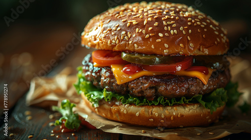 Gourmet Burger. A close-up image of a juicy burger with fresh lettuce, tomato, pickles, melted cheese, and a grilled beef patty on a sesame seed bun. photo