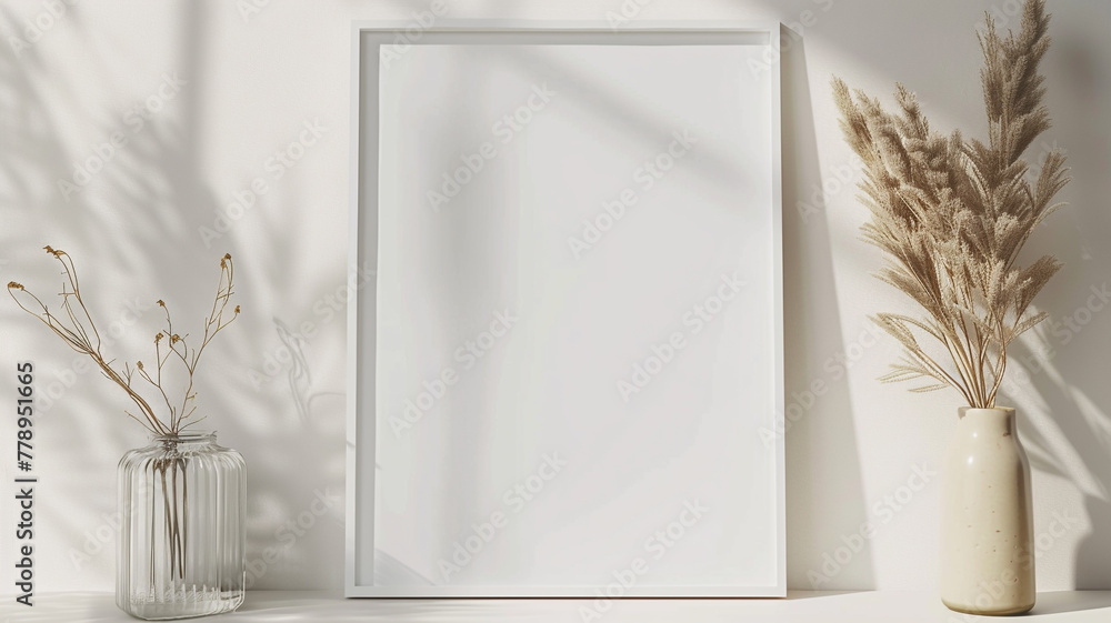 mockup of blank poster frame on white wall. mockup of blank poster frame on white wall.