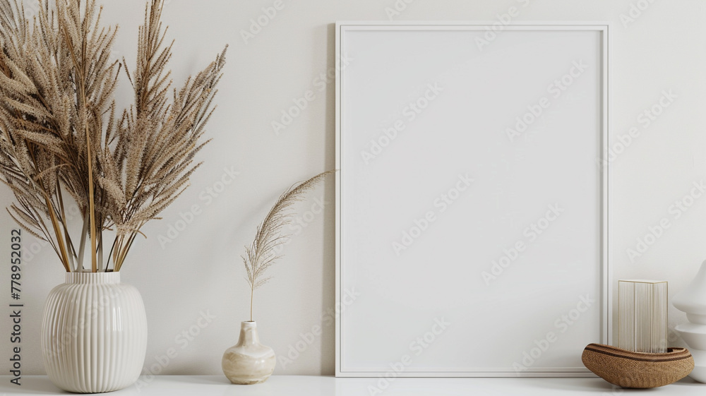 mockup of blank poster frame on white wall. mockup of blank poster frame on white wall.