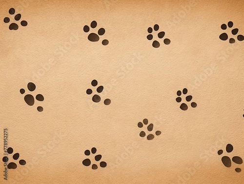 Tan paw prints on a background, minimalist backdrop pattern with copy space for design or photo, animal pet cute surface 