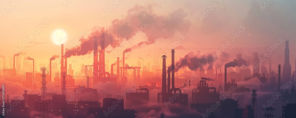 Air pollution, industry plant dawn smoke smog emissions, bad ecology concept	