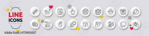 Talk bubble, Third party and Swipe up line icons. White buttons 3d icons. Pack of Battery, Cursor, Brand ambassador icon. Shield, Road, Pin pictogram. Travel loan, Seo gear, Augmented reality. Vector