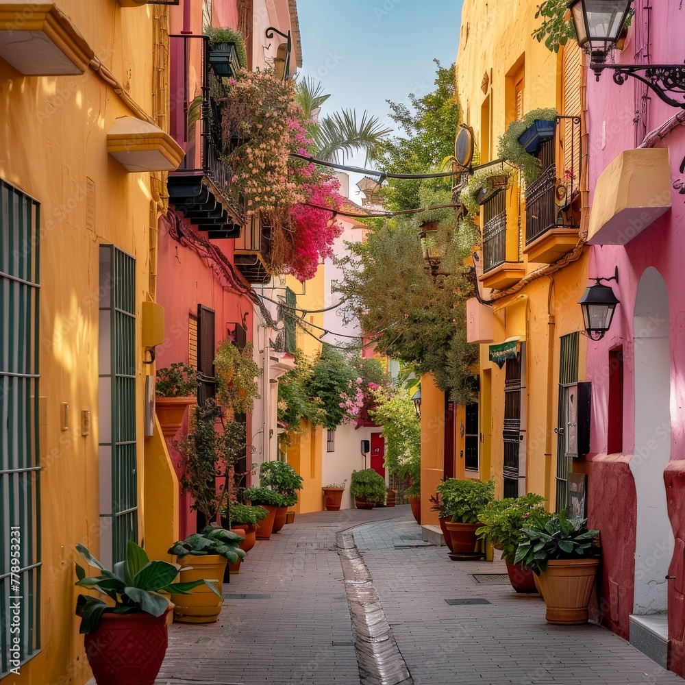 Colorful Buildings and Potted Plants Lining Narrow Street