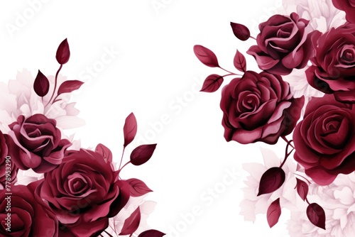 Maroon roses watercolor clipart on white background  defined edges floral flower pattern background with copy space for design text or photo backdrop minimalistic 