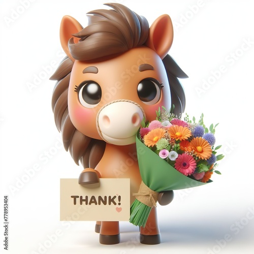 Cute character 3D image of Horse with flowers and saying thanks white background photo