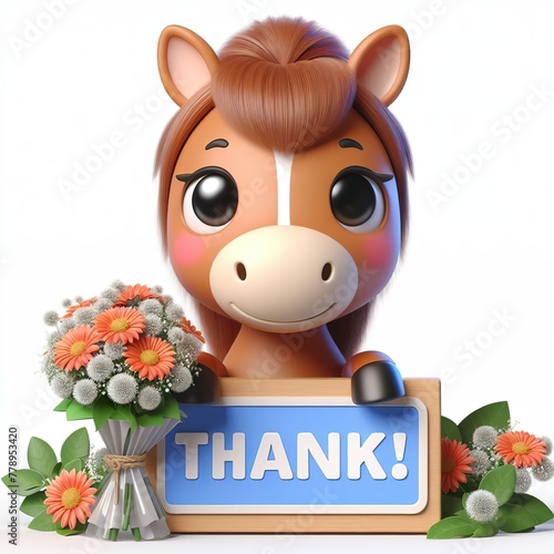 Cute character 3D image of Horse with flowers and saying thanks white background photo