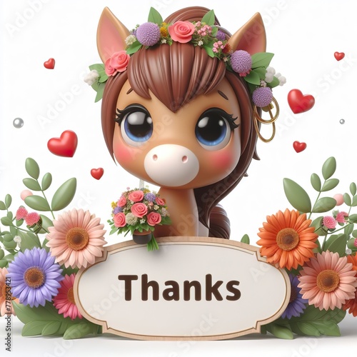 Cute character 3D image of Horse with flowers and saying thanks white background photo