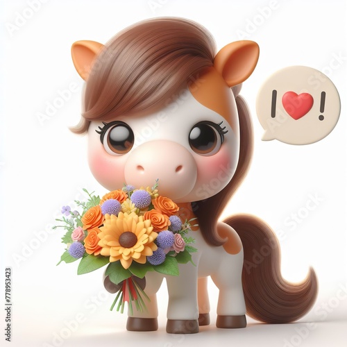 Cute character 3D image of Horse with flowers and saying thanks white background photo