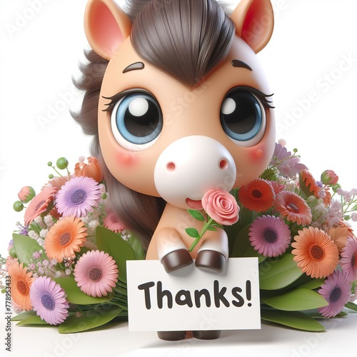 Cute character 3D image of Horse with flowers and saying thanks white background photo