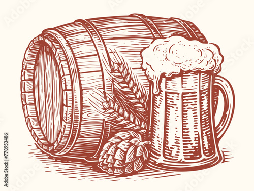 Wooden barrel and glass mug of beer with hops and ears of wheat. Brewery, pub sketch vintage vector illustration © ~ Bitter ~