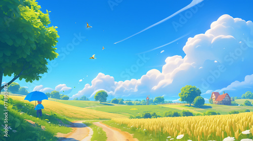 Farmers are drawing fresh pictures with umbrellas on green fields and country roads
