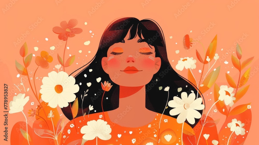 mental health, happy girl minimalistic flat illustration of celebrate Earth Day, breathing, happiness, relax,therapy, self love