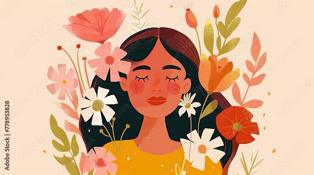 mental health, happy girl minimalistic flat illustration of celebrate Earth Day, breathing, happiness, relax,therapy, self love mental health, happy girl minimalistic flat illustration of celebrate Earth Day, breathing, happiness, relax,therapy, self love