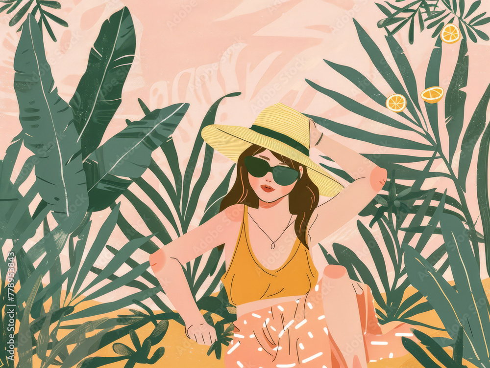 Illustration of a young woman in harmony with her environment Illustration of a young woman in harmony with her environment