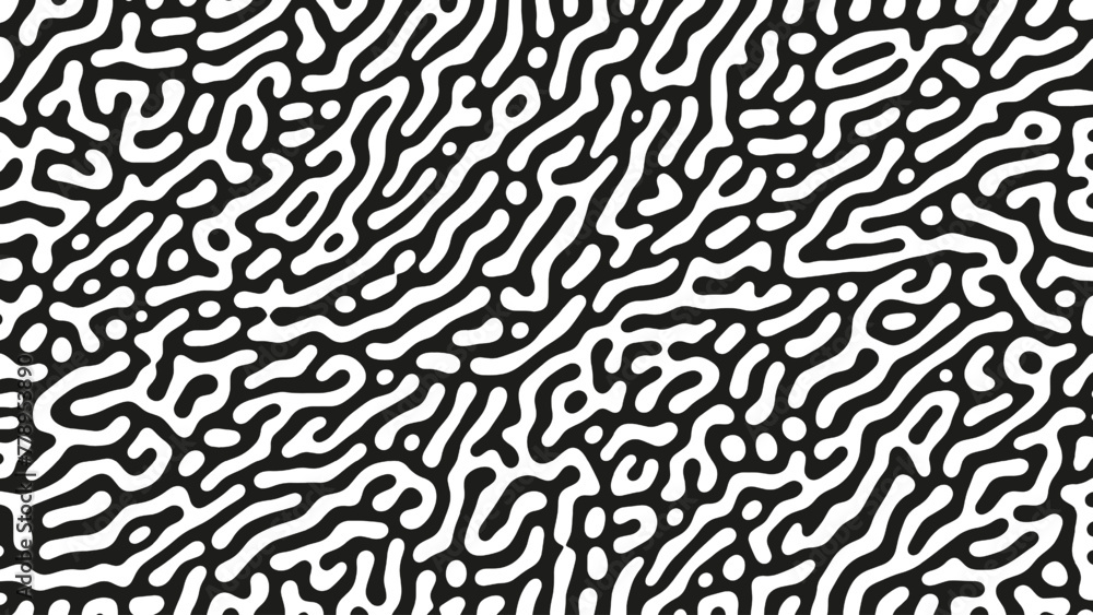 Psychedelic Graphic Crazy Liquid Pattern Vector Black White Abstract Background. Turing Diffusion Effect Trippy Hypnotic Abstraction Panoramic Wallpaper. Bizarre Doodle Structure Art Illustration