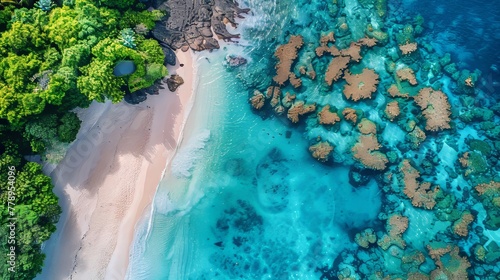Aerial view of colorful coral reefs and turquoise waters in hdr underwater photography