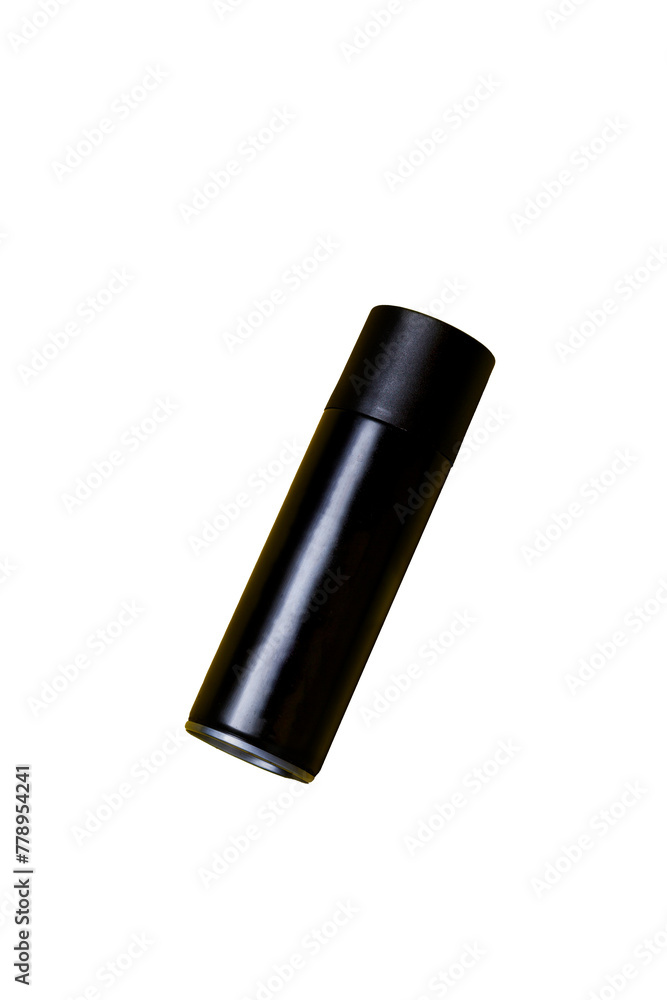 Black spray can isolated on yellow background. Mockup. Can concept. Beauty product concept. Space for text. Mockup. Black spray can isolated on yellow background. Mockup. Can concept. Beauty product concept. Space for text. Mockup.