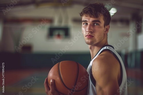 Basketball player holding a basket ball posing in basket sports hall  © thejokercze