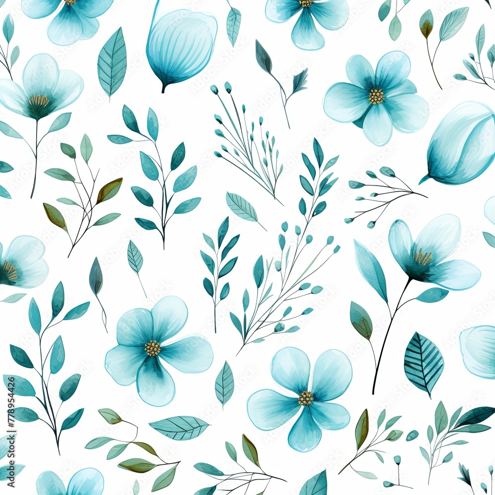 Teal flower petals and leaves on white background seamless watercolor pattern spring floral backdrop