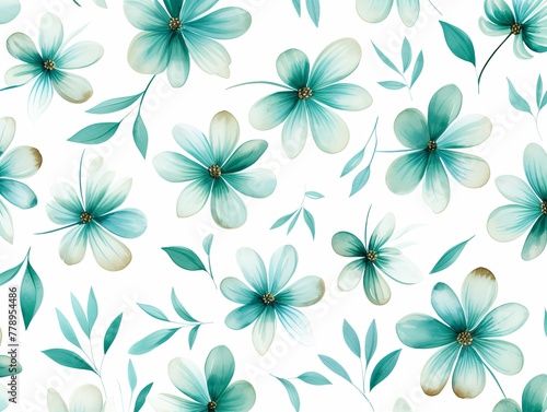 Teal flower petals and leaves on white background seamless watercolor pattern spring floral backdrop