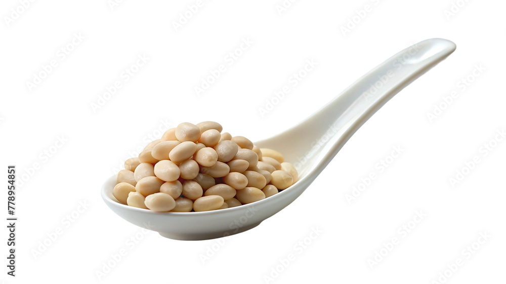 White ceramic spoon full of soybeans isolated on transparent background. White ceramic spoon full of soybeans isolated on transparent background.