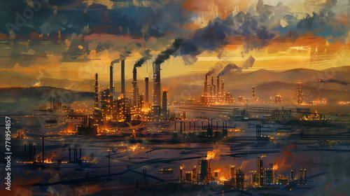 A painting of a large industrial plant with a mountain in the background. The sky is dark and stormy, and the colors are bright and bold. The mood of the painting is intense and powerful