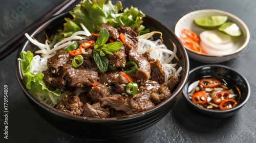 Rice noodles with beef and vegetables in bowl on table