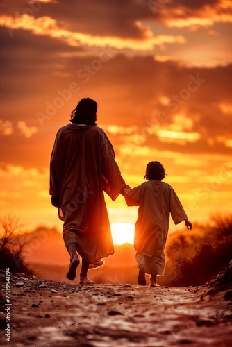 Jesus Christ walking hand in hand with a child at sunset