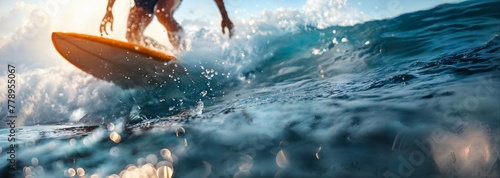 Surfing Adventure: Men Riding Waves with Sunlit Splashes. Surfer foot stepping on the surfboard, capturing the motion and balance. Concept of sport, travel, extreme, people, vacation, beach.
 photo